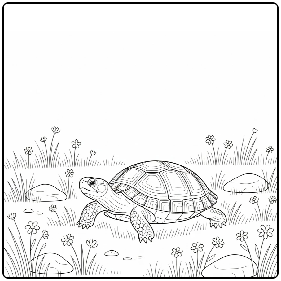 Tortoise coloring page showing a reptile in a meadow