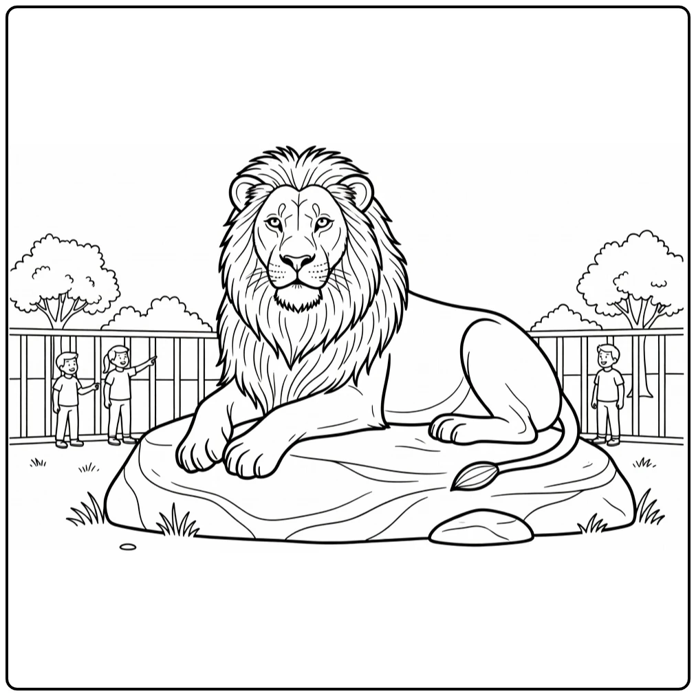 Zoo coloring page showing a lion on a rock with children watching
