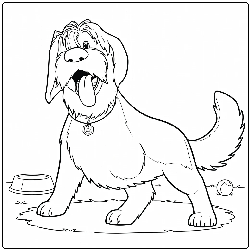 Legend coloring page showing the fluffy dog beside his bowl and ball