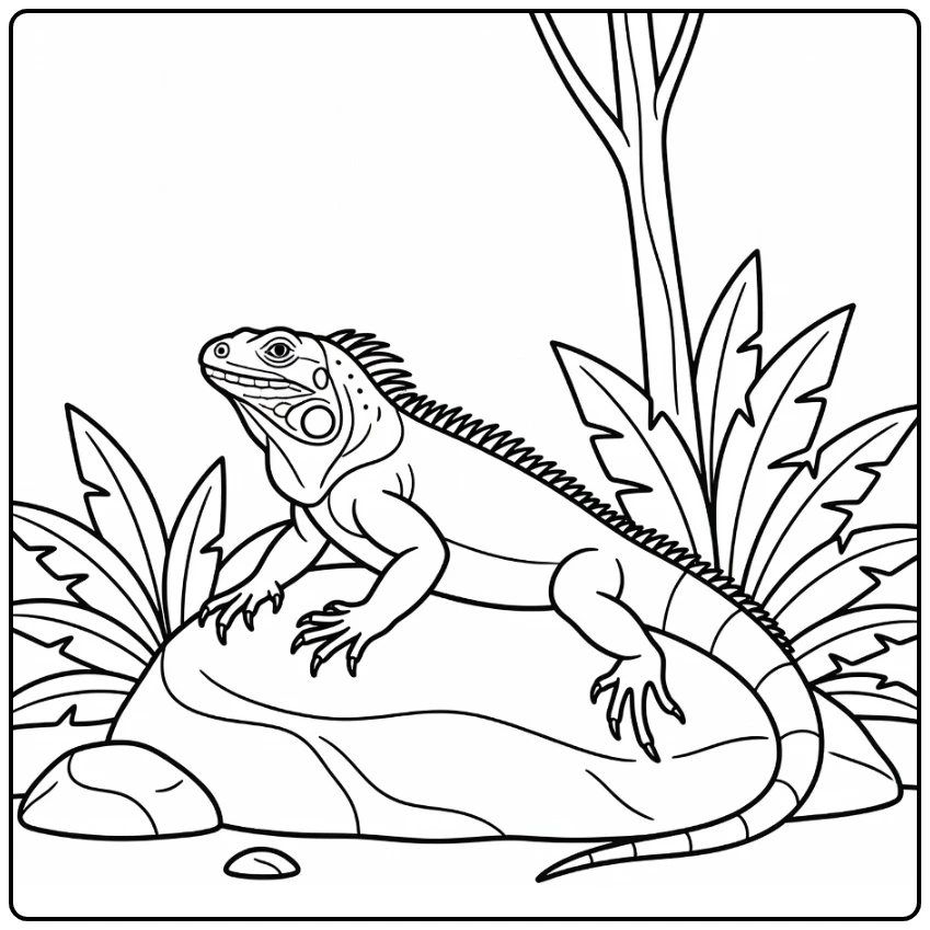 Iguana coloring page featuring a reptile on a rock