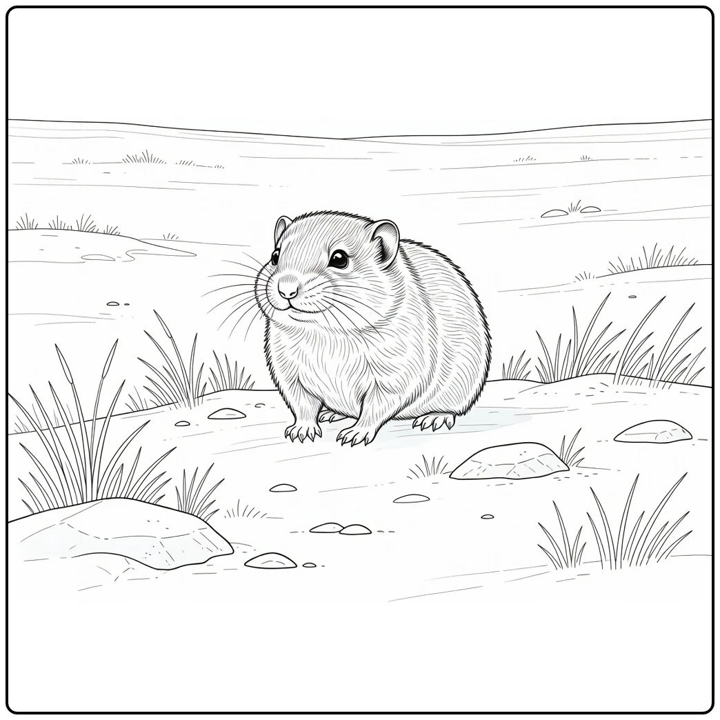 Polar animal coloring page showing a lemming on the arctic tundra