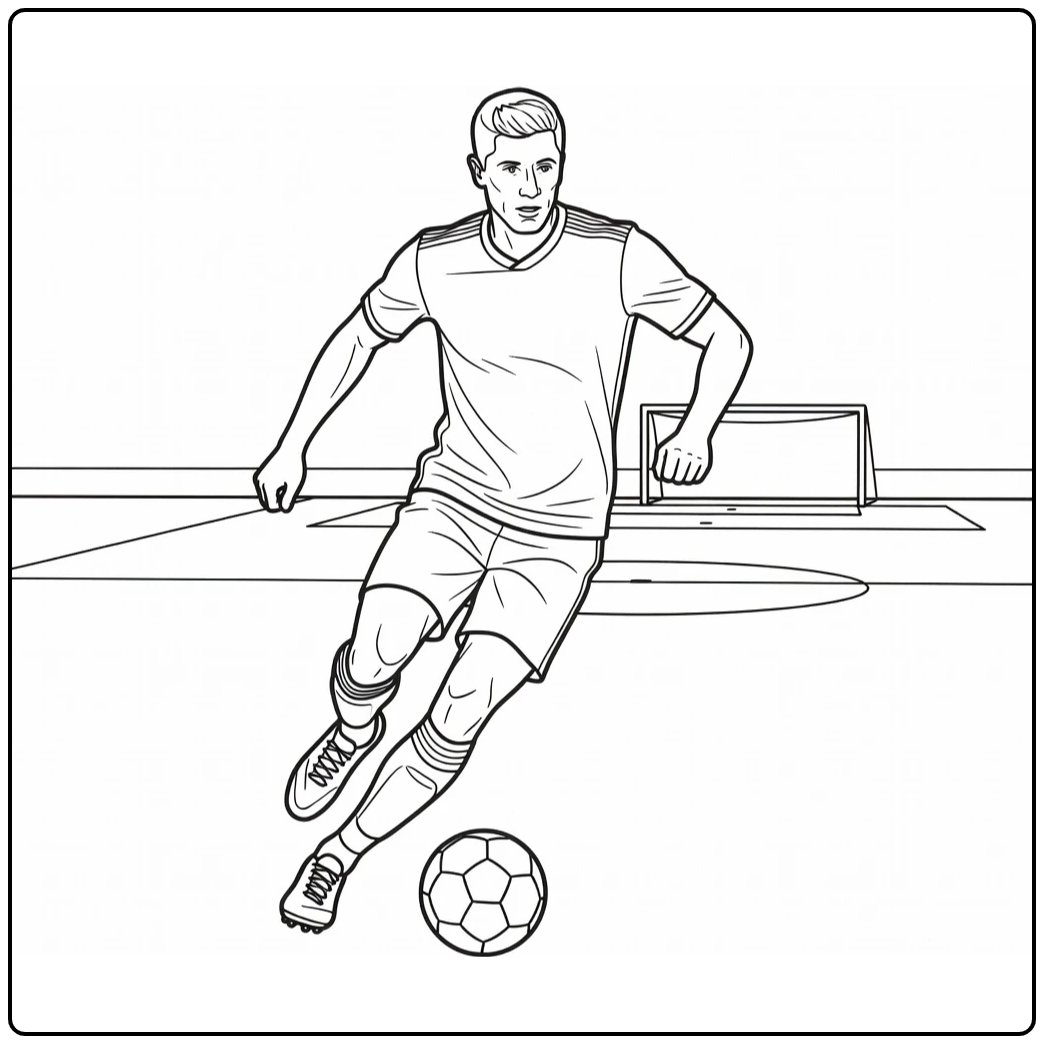 Lewandowski coloring page as he dribbles forward across the field