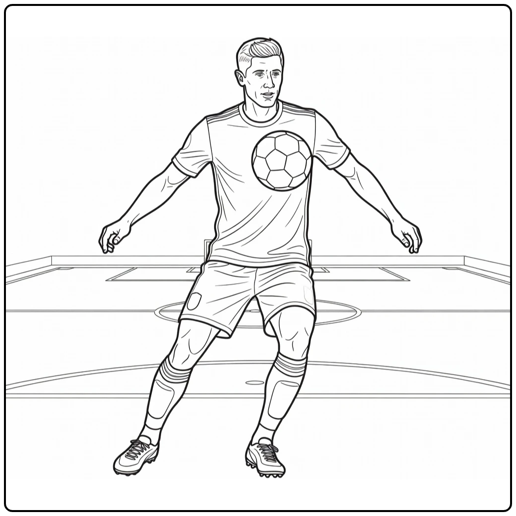 Ball-control coloring page of Lewandowski receiving a pass with his chest