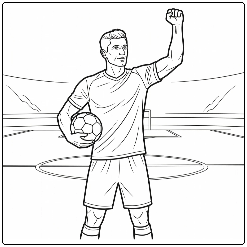 Lewandowski coloring page featuring Robert holding the ball in celebration
