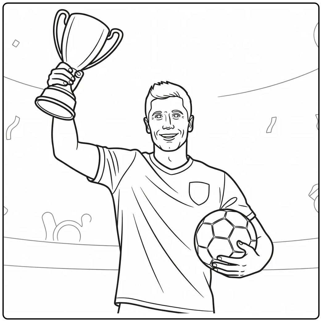 Victory coloring page of Lewandowski raising a trophy after a win