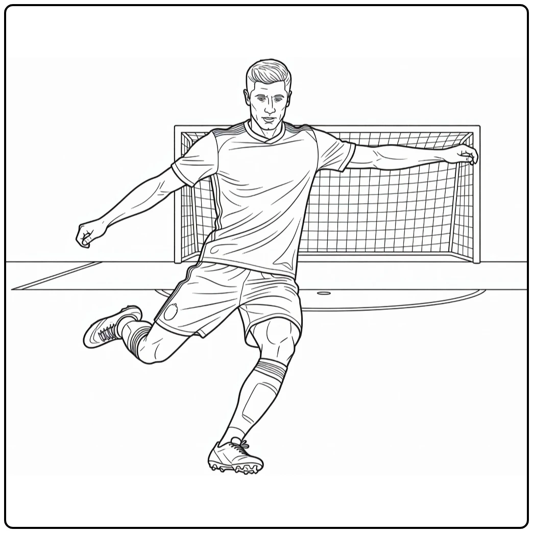 Lewandowski coloring page showing Robert striking toward goal
