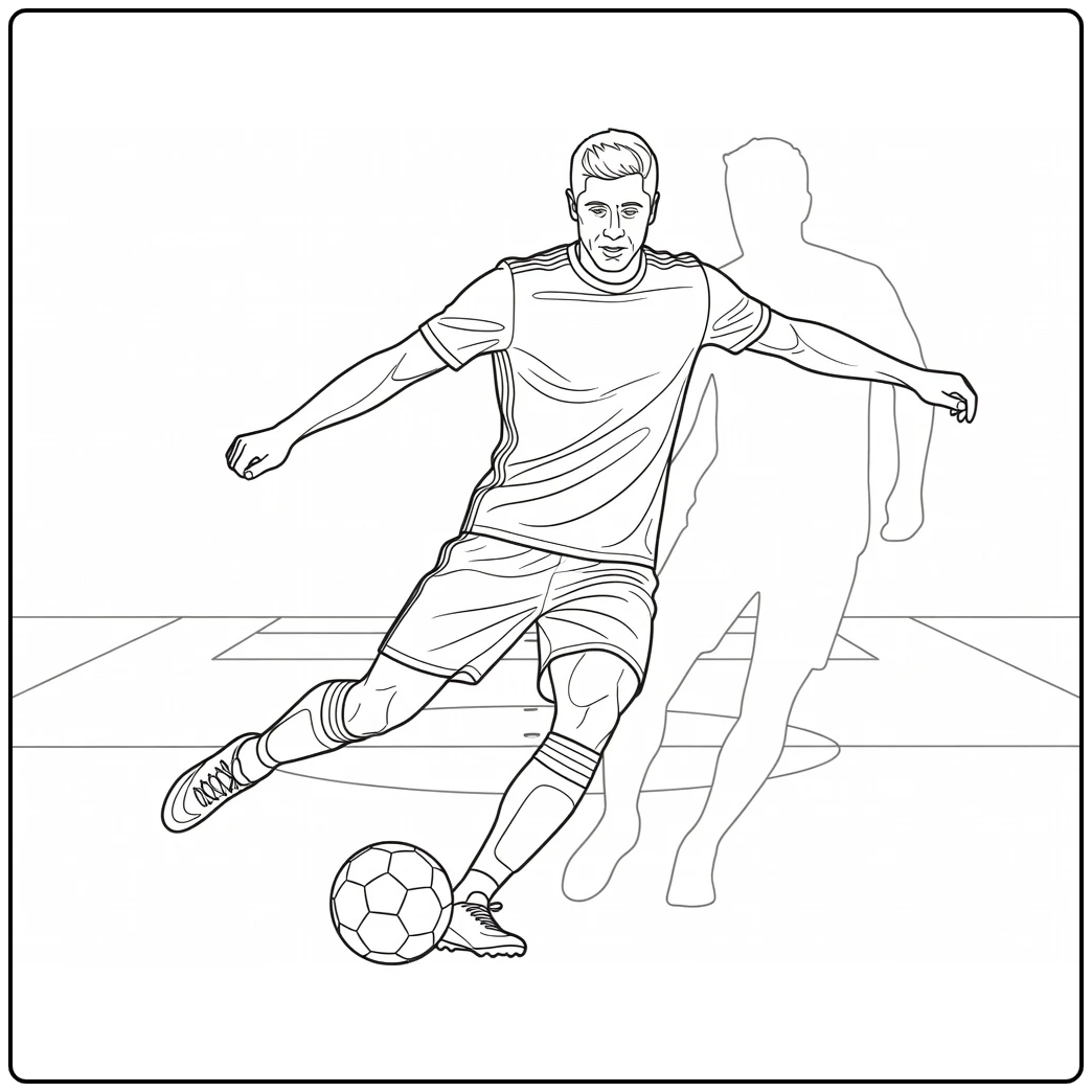 Lewandowski coloring page showing a quick turn past a defender