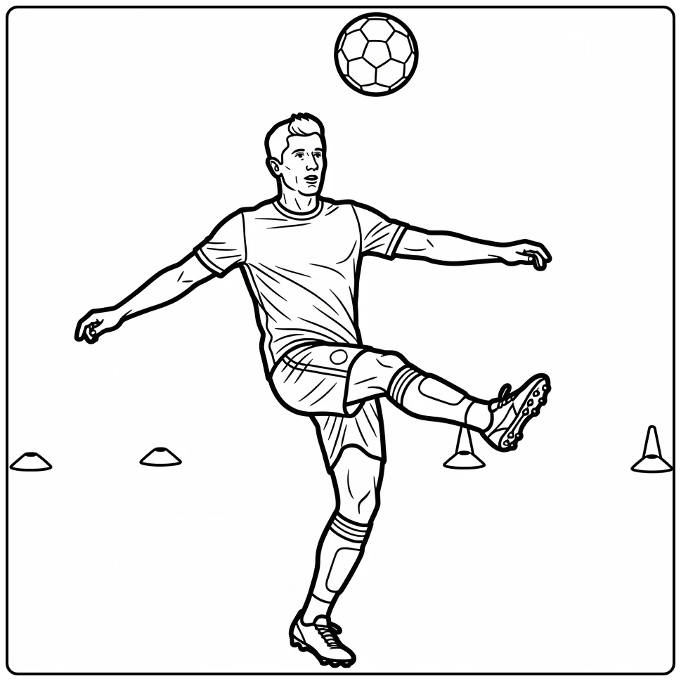 Training coloring page with Lewandowski striking an airborne soccer ball
