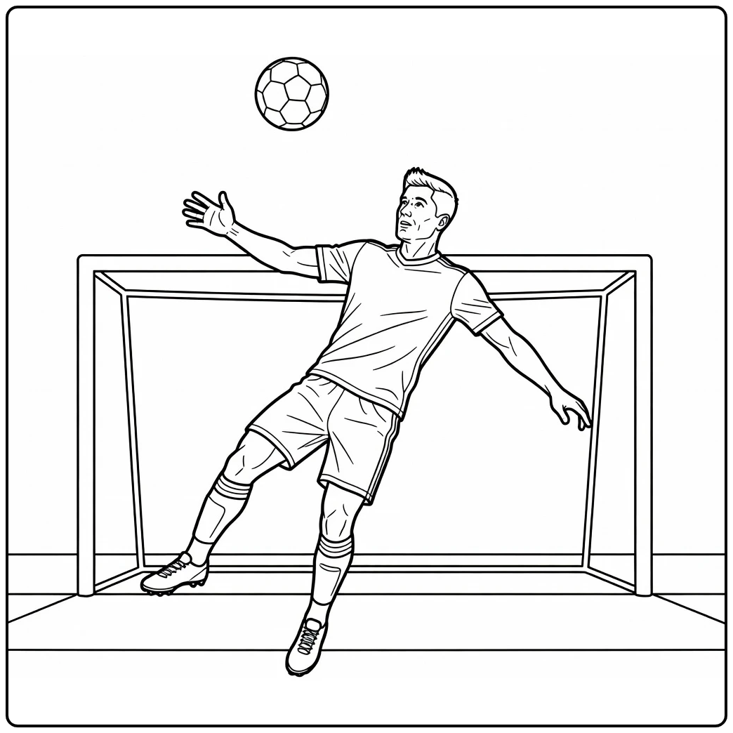 Soccer coloring page of Lewandowski leaping to head the ball