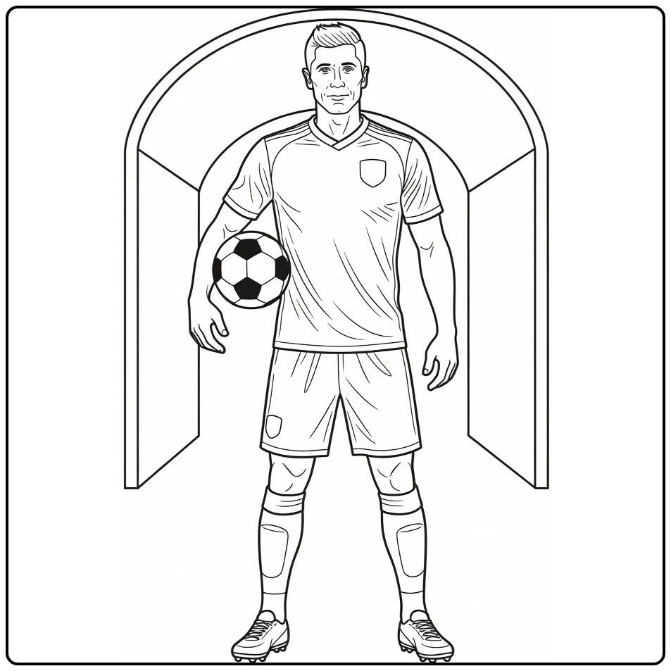 Lewandowski coloring page with the striker holding a ball at the tunnel