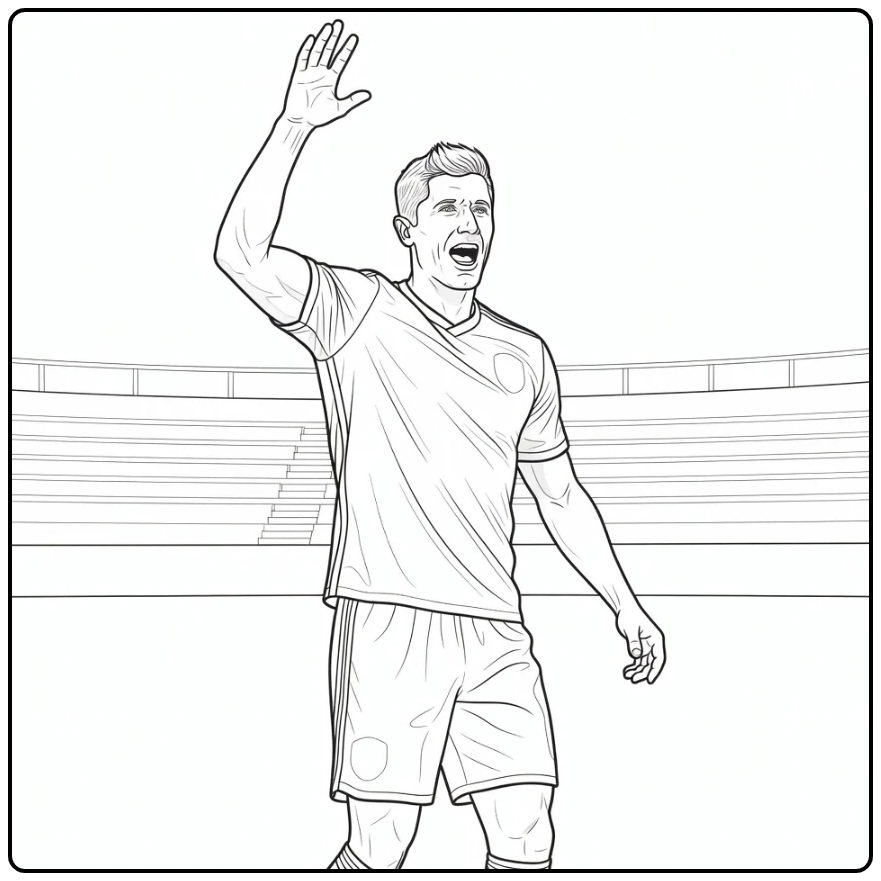 Lewandowski coloring page featuring a one-arm goal celebration