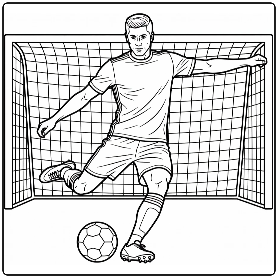 Robert Lewandowski coloring page showing a strong shot on goal