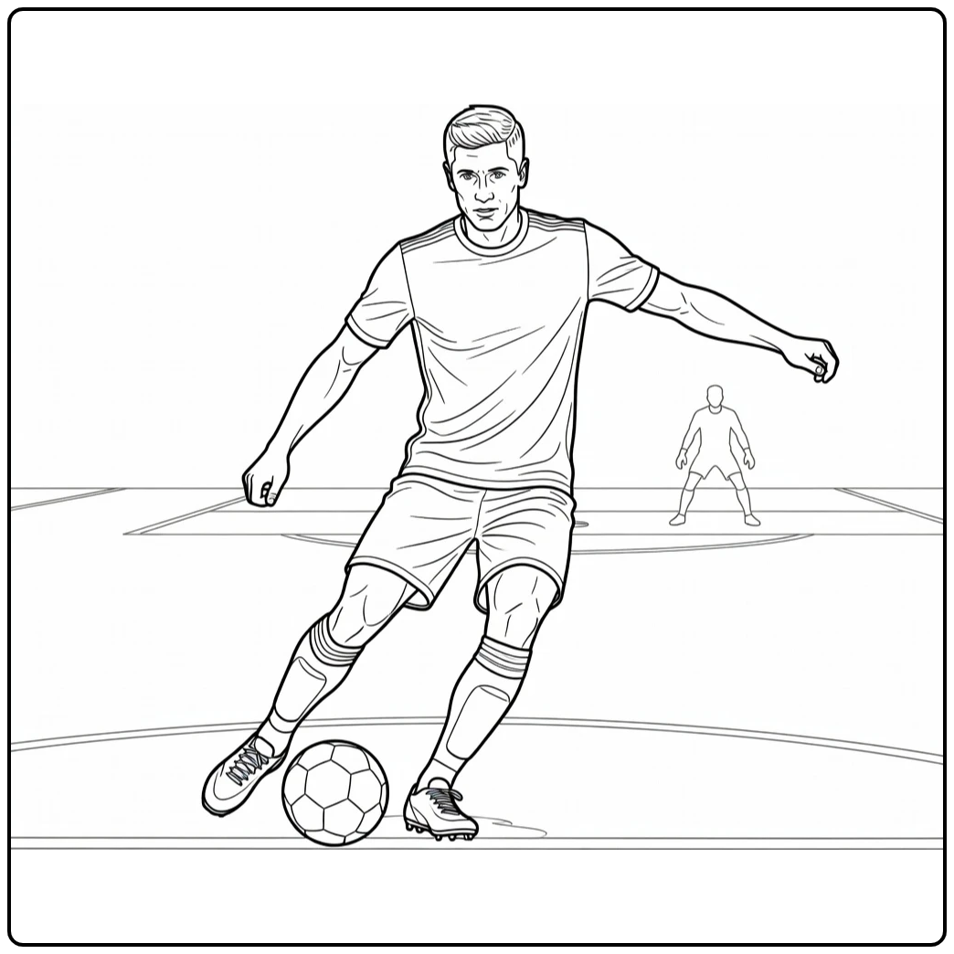Penalty coloring page of Lewandowski preparing to strike the ball