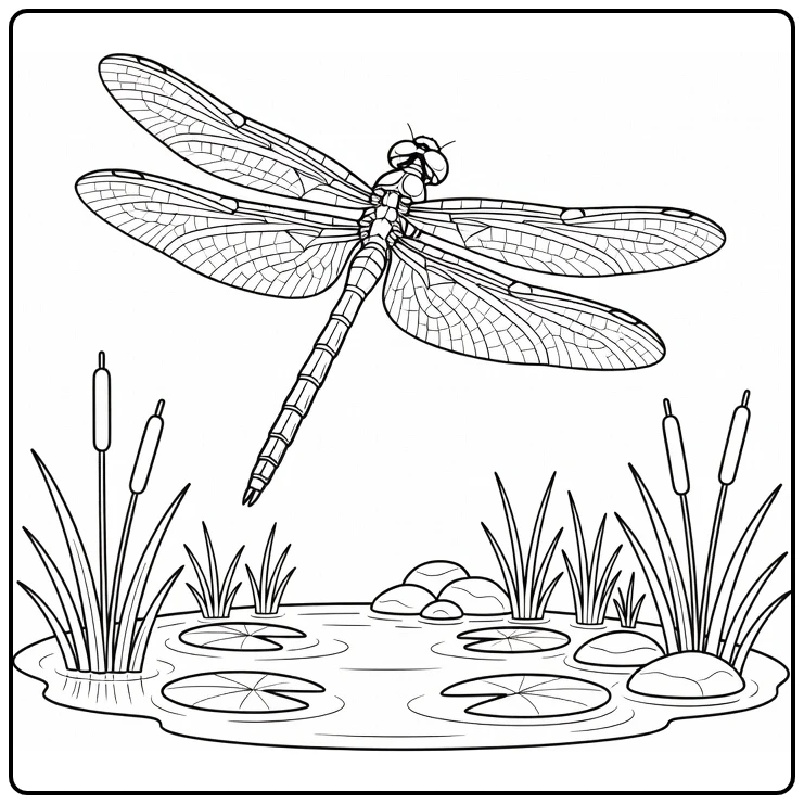 Dragonfly coloring page showing an insect above a pond