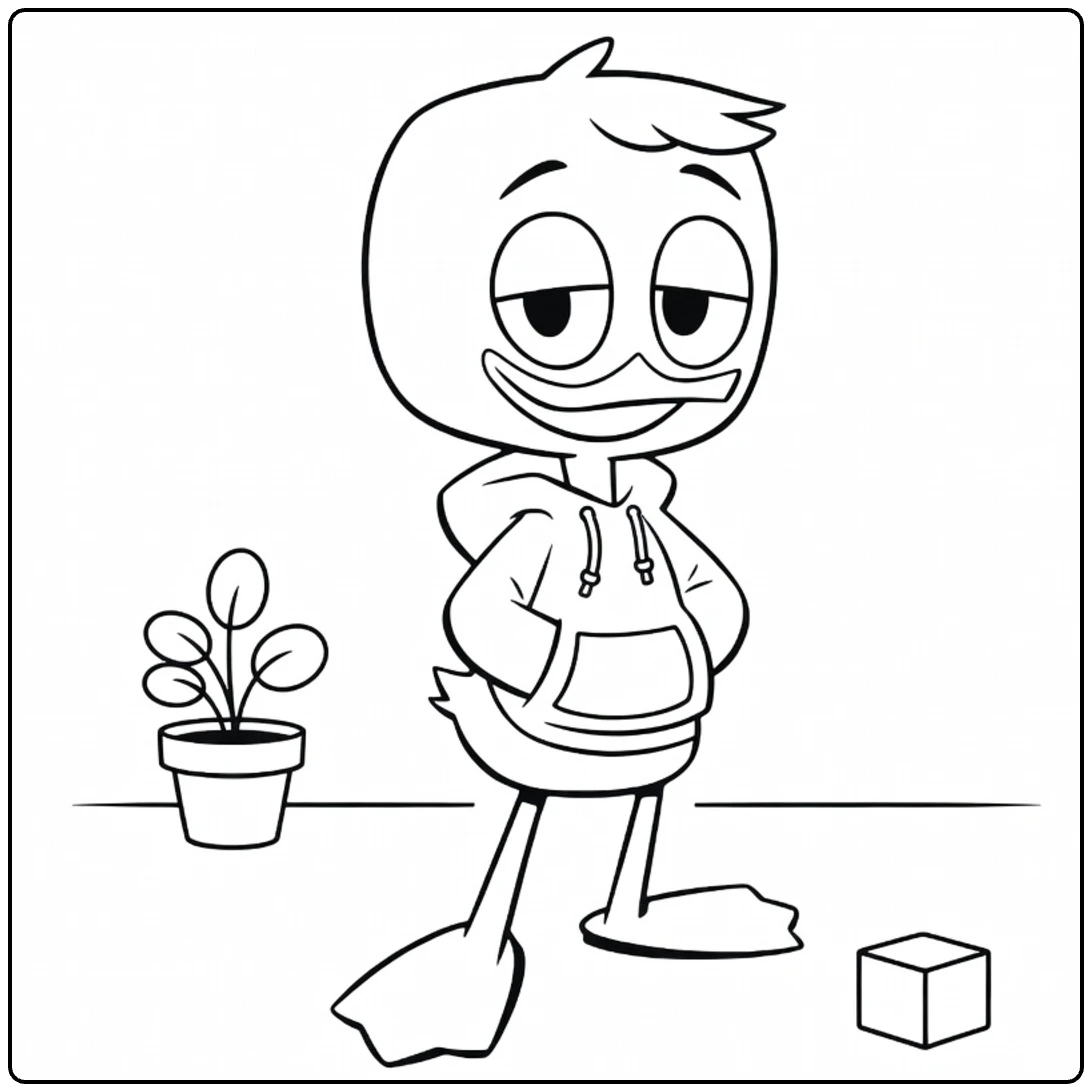 Louie Duck coloring page with flower pot and kubus