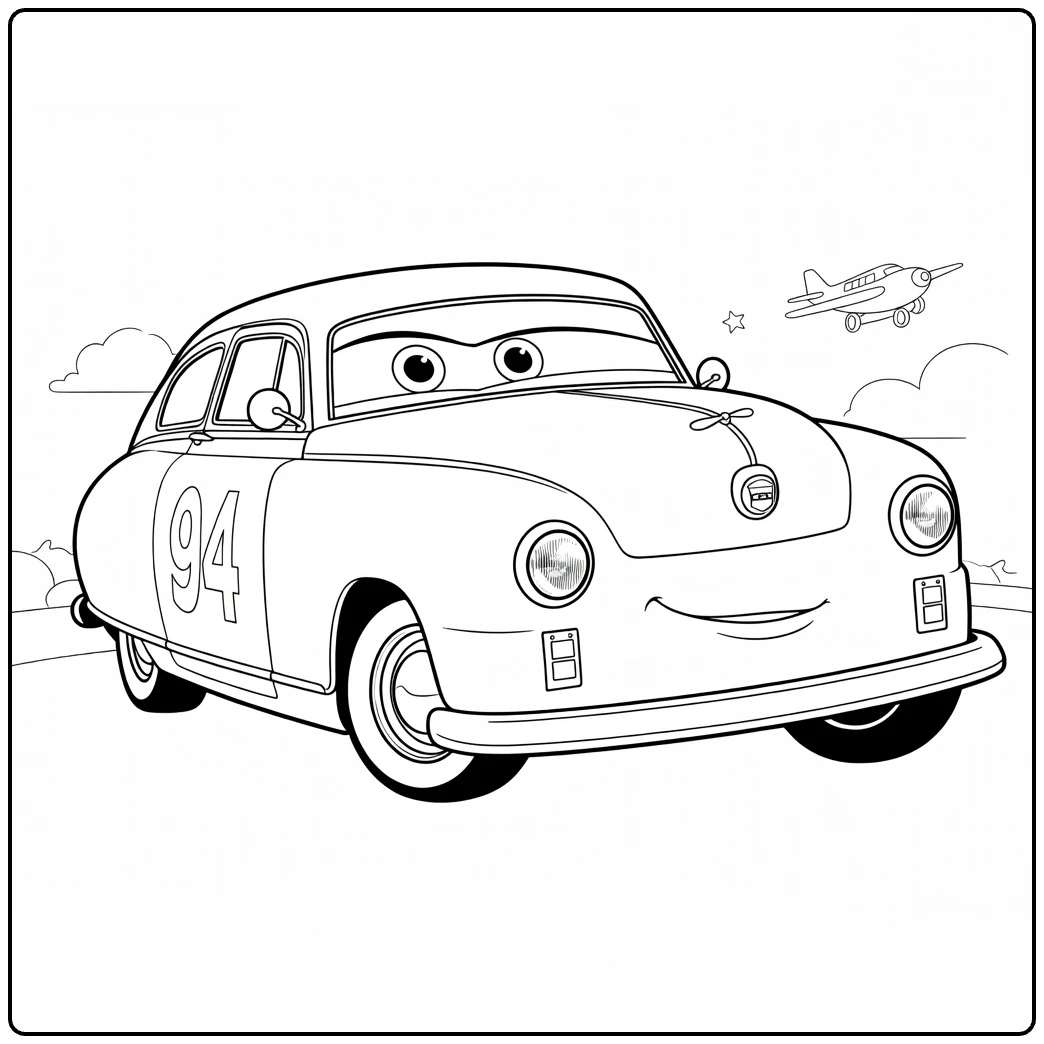 Louise Nash coloring page of car with face and airplane