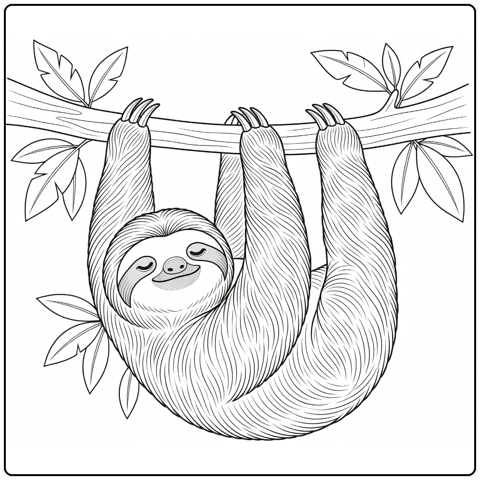 Sloth coloring page featuring a jungle animal hanging from a tree