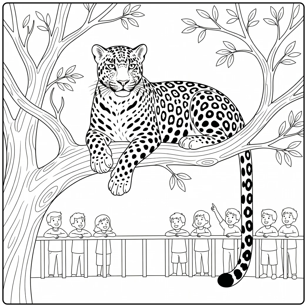 Zoo coloring page showing a leopard on a branch