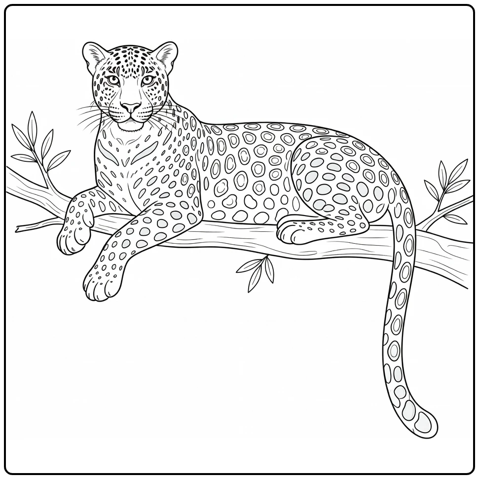 Leopard coloring page featuring a big cat resting in a tree
