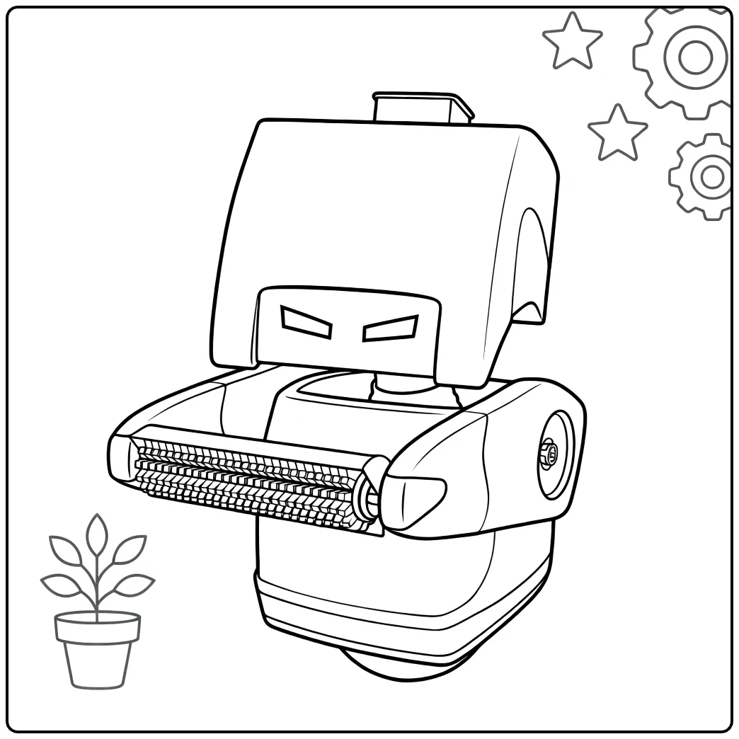 M O coloring page robot lawnmower with gezicht and plant