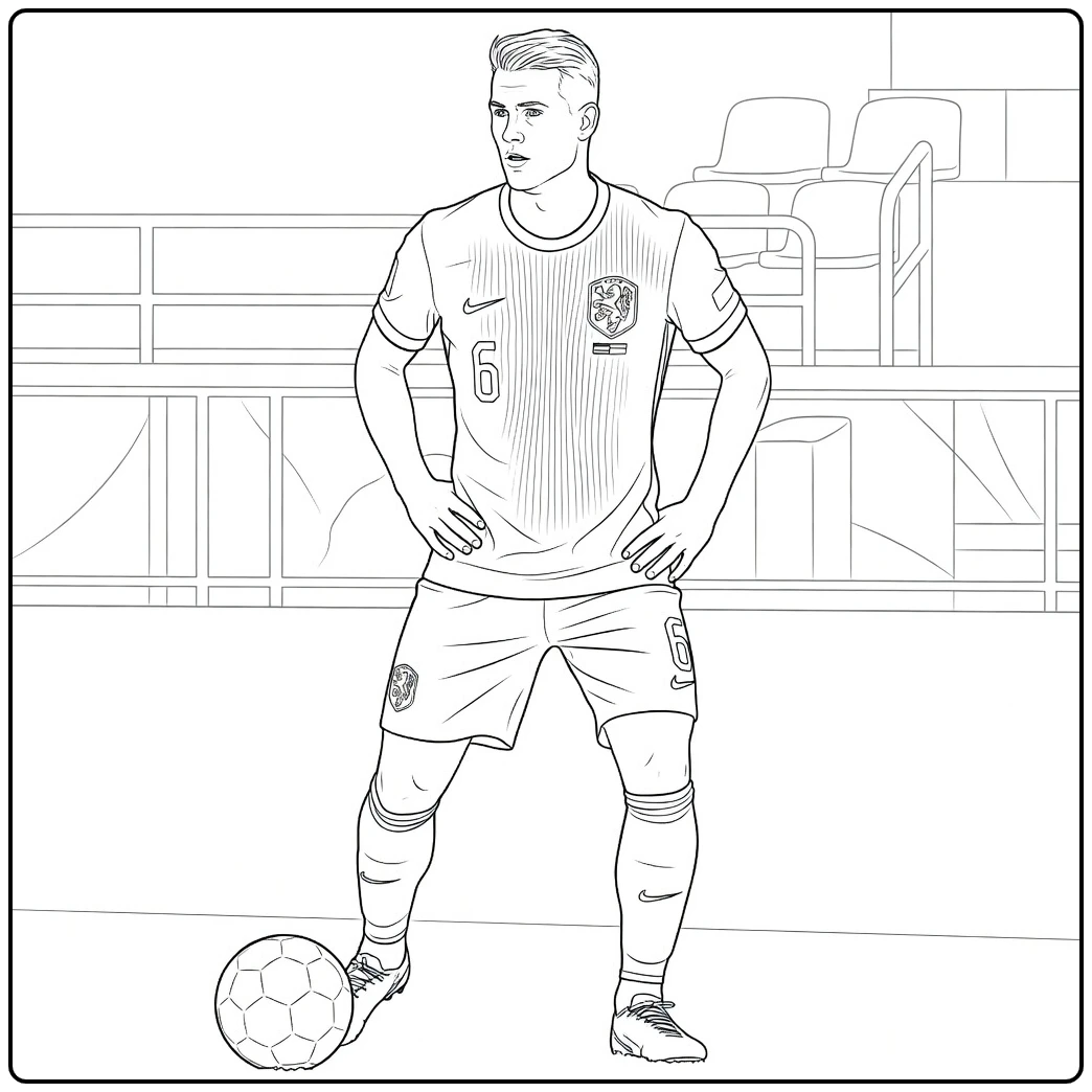 Matthijs de Ligt coloring page featuring a ball and Netherlands kit