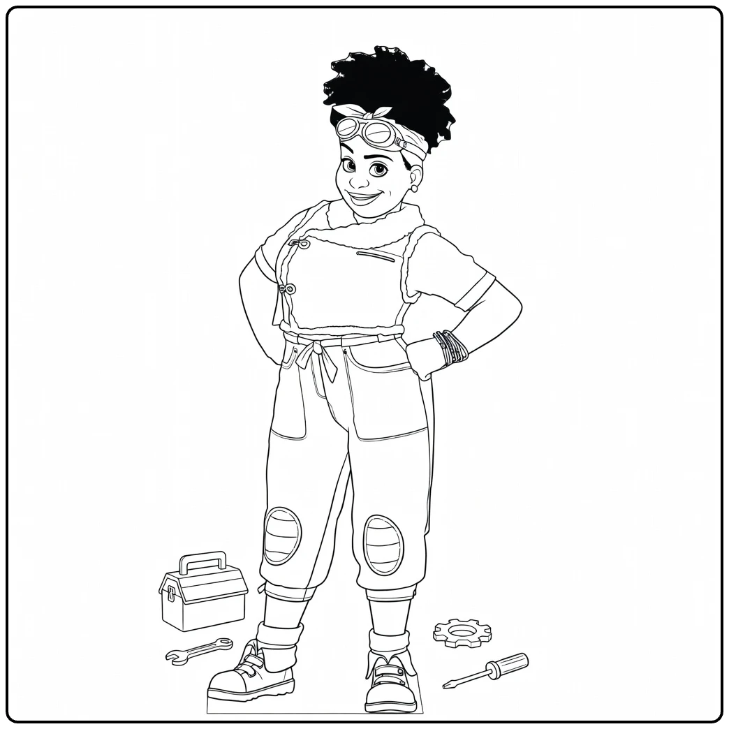 Meridian Clade coloring page showing the mechanic with her tools