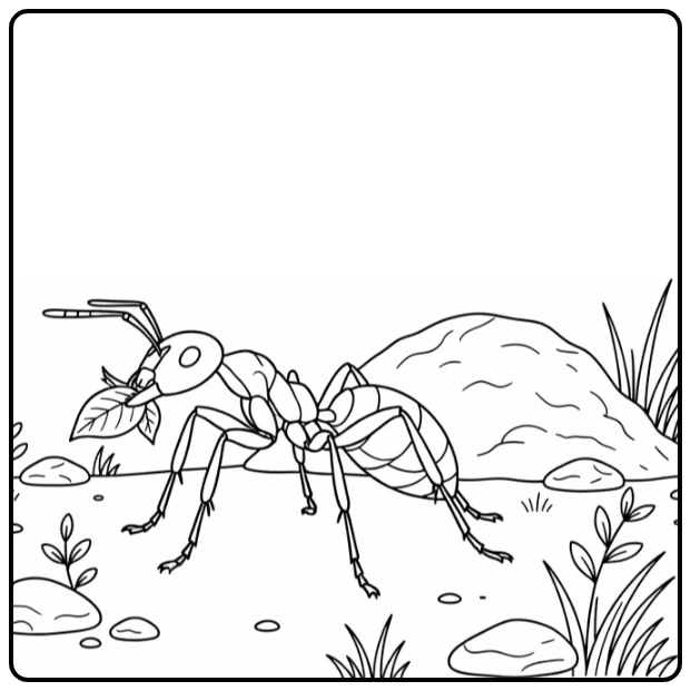 Ant coloring page featuring an insect carrying a leaf