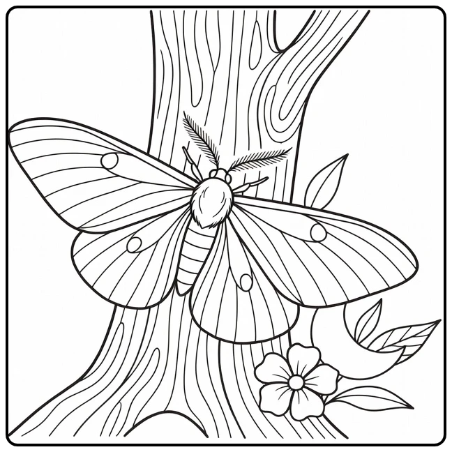 Moth coloring page featuring an insect on tree bark