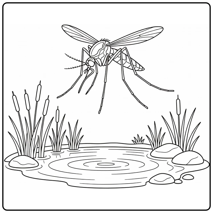 Mosquito coloring page featuring an insect over a pond