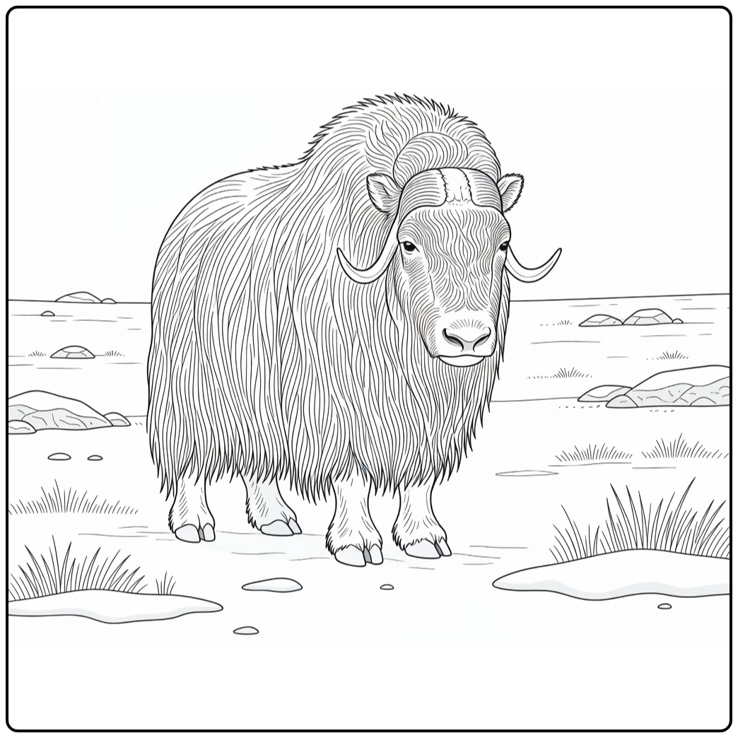 Polar animal coloring page showing a musk ox on the tundra