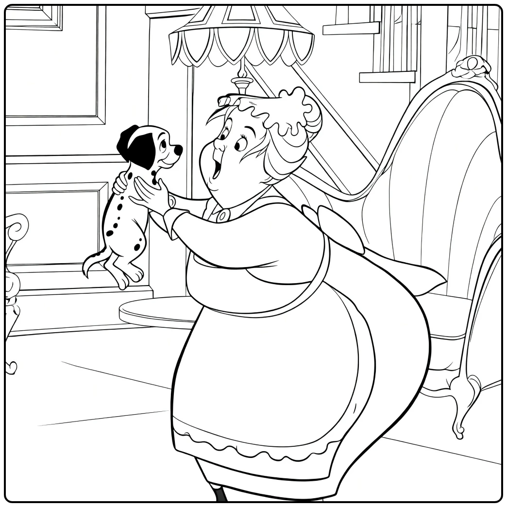 nanny coloring page of happy huishoudster and hond