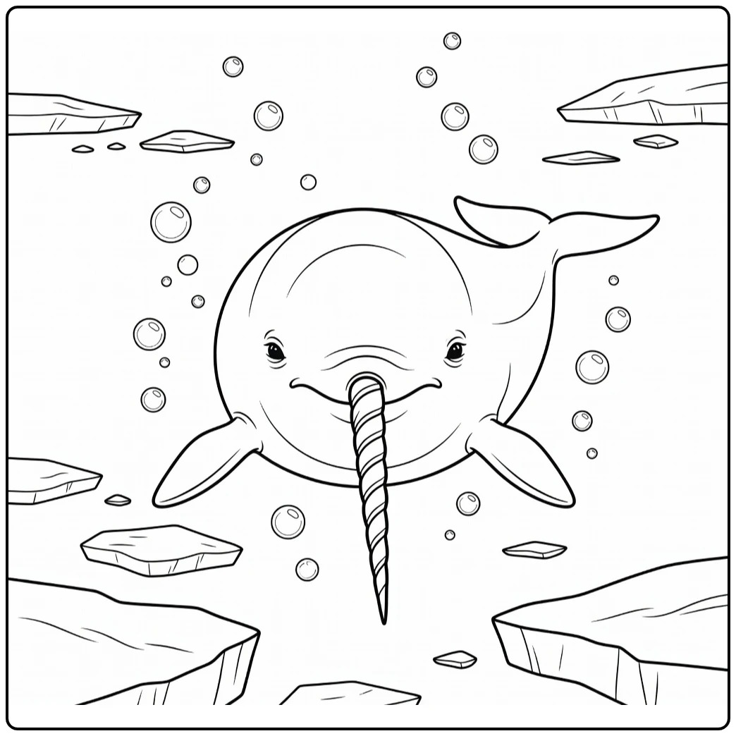 Polar animal coloring page showing a narwhal in icy water