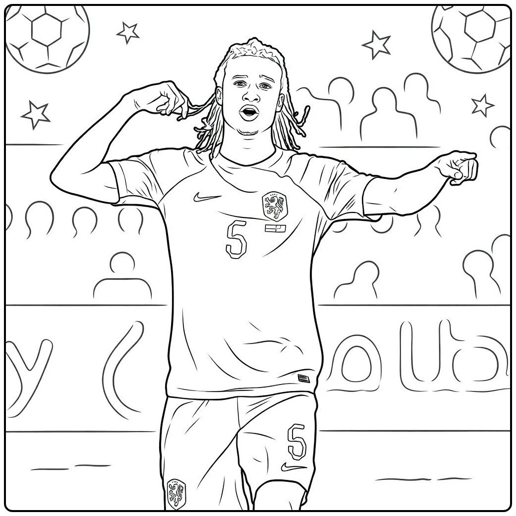 Nathan Ake coloring page showing a Netherlands celebration