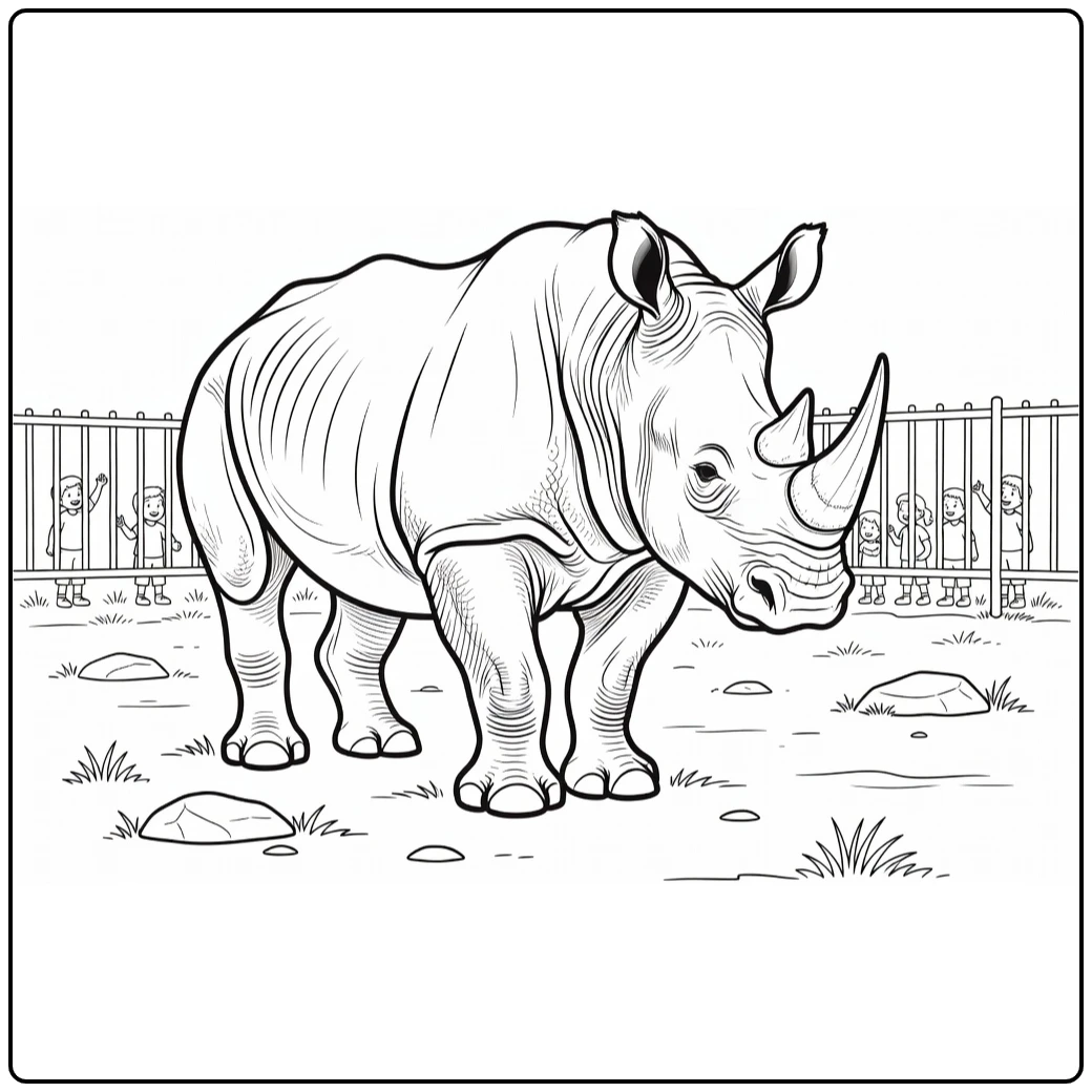 Zoo coloring page showing a rhino in the paddock