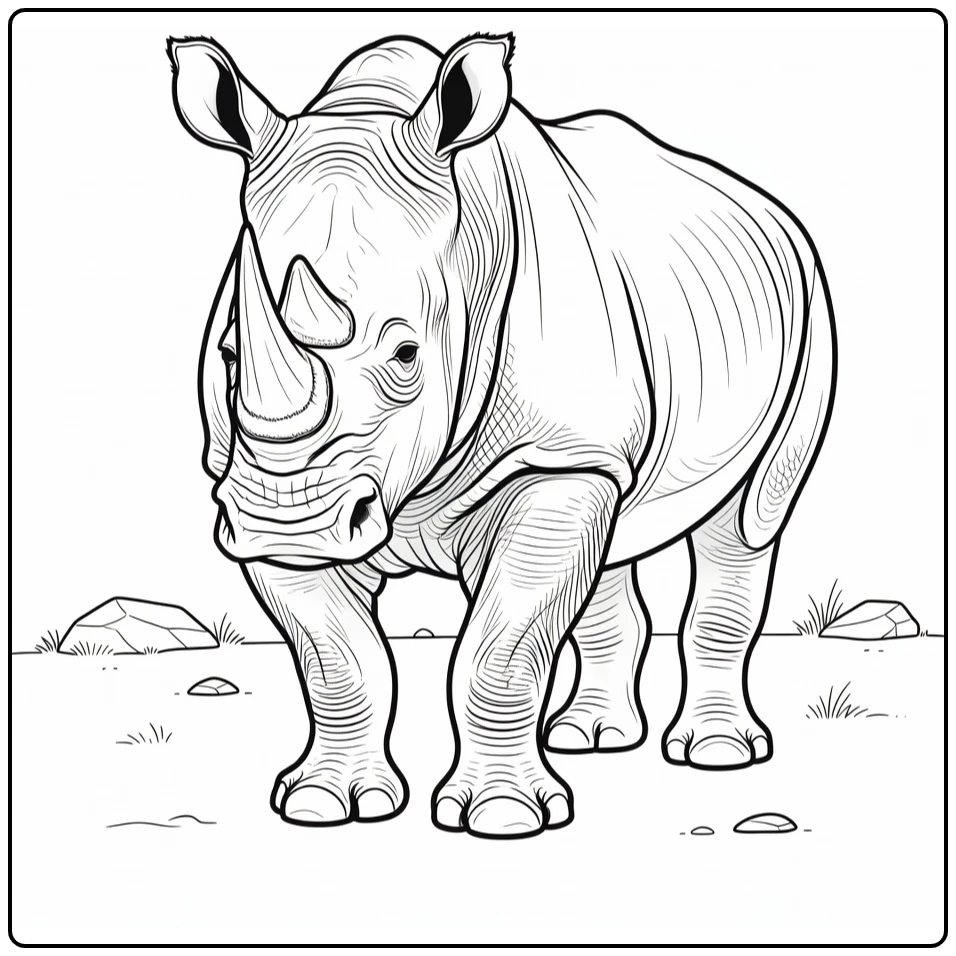 Rhino coloring page showing a powerful wild animal