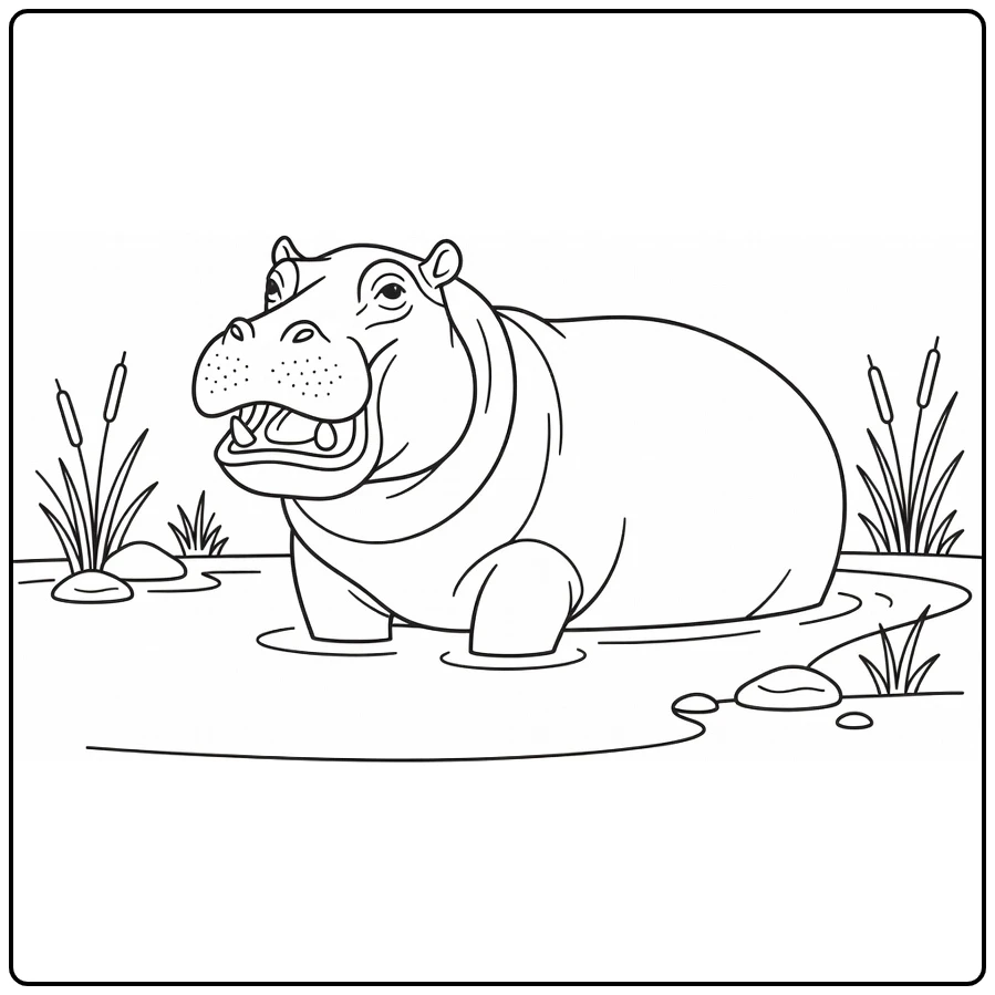 Hippo coloring page showing a wild animal in a river