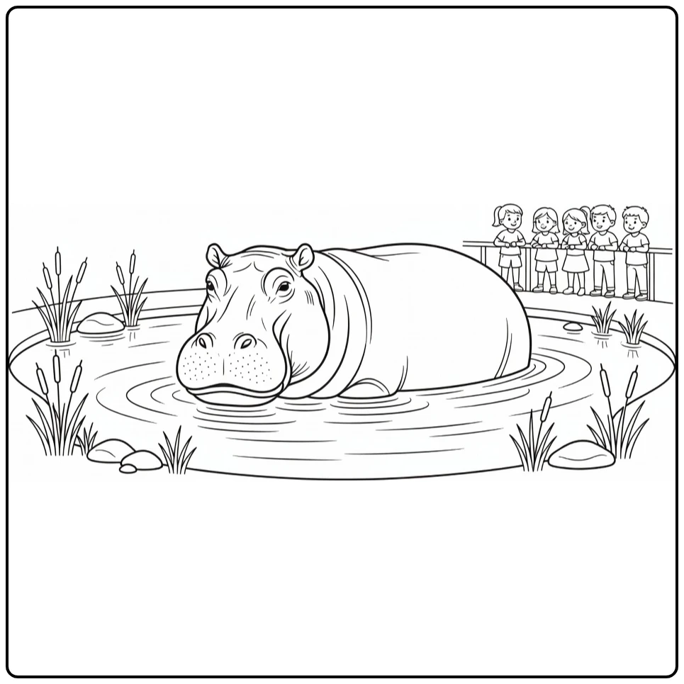 Zoo coloring page featuring a hippo in a pond