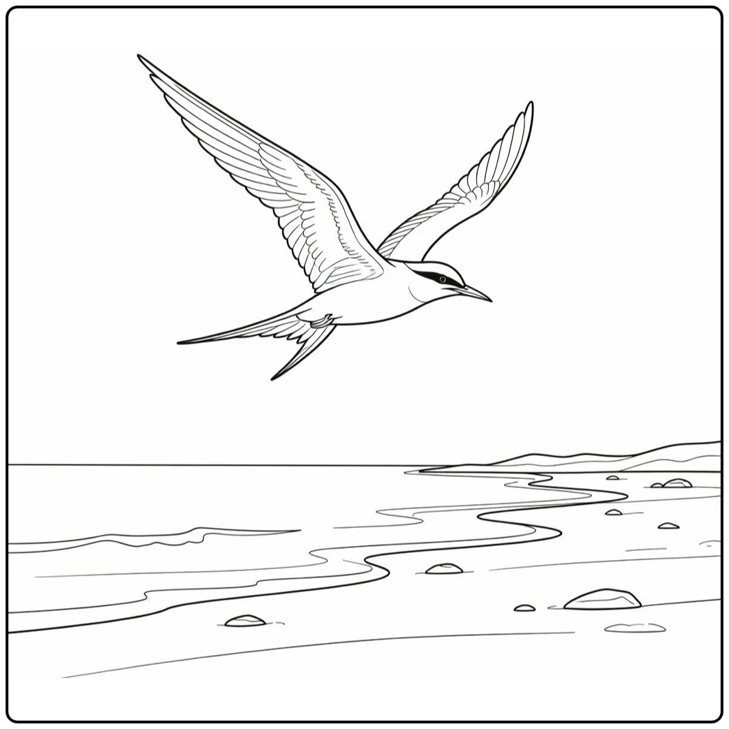 Polar animal coloring page featuring an arctic tern in flight