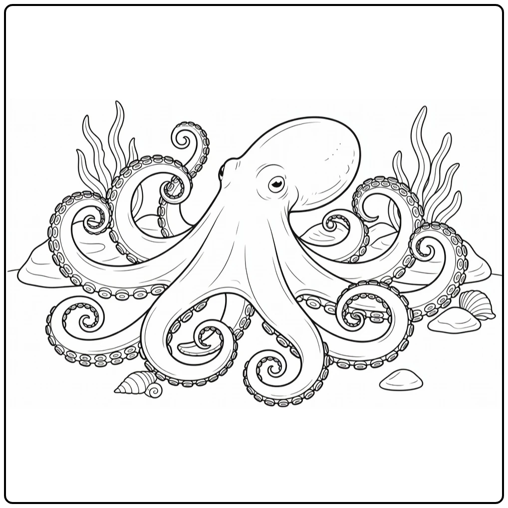 Octopus coloring page showing an octopus on the ocean floor