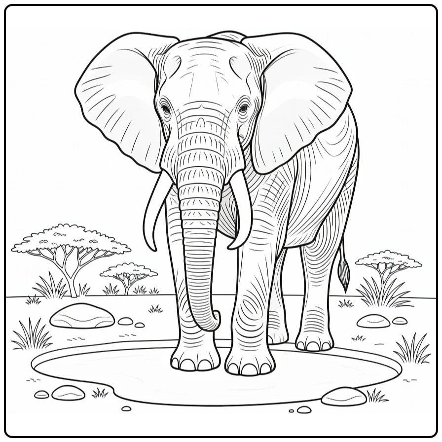 Elephant coloring page featuring a wild animal near water