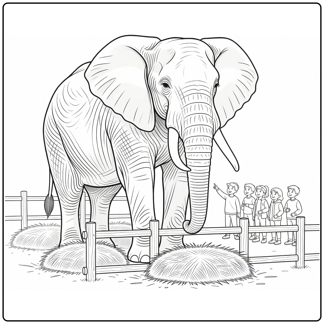 Zoo coloring page showing an elephant near its feeding area
