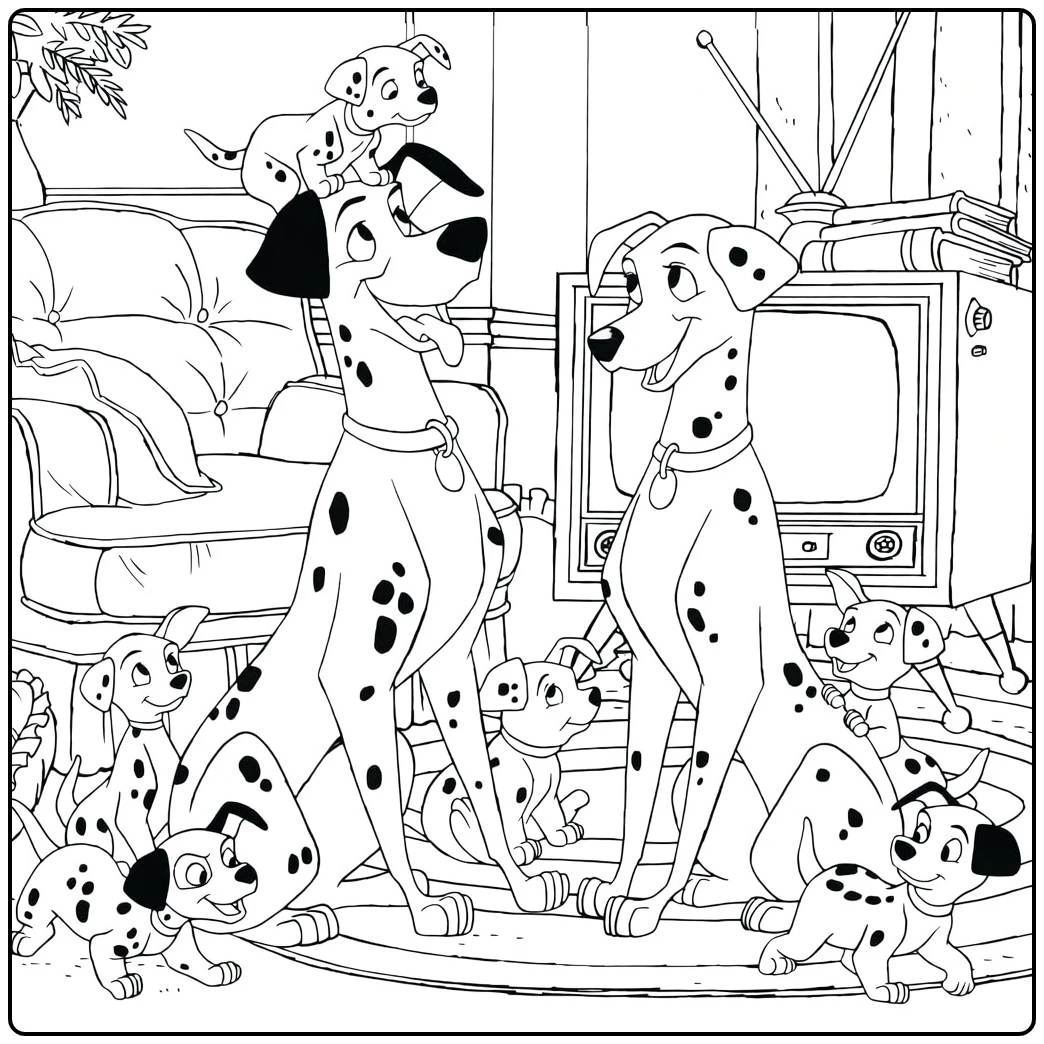 101 Dalmatians coloring page with dalmatians by the TV
