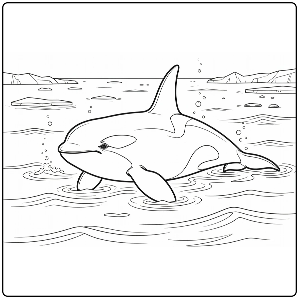 Polar animal coloring page showing an orca in a cold sea