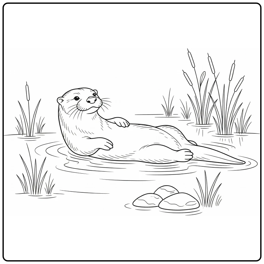 Otter coloring page featuring an otter floating in a river