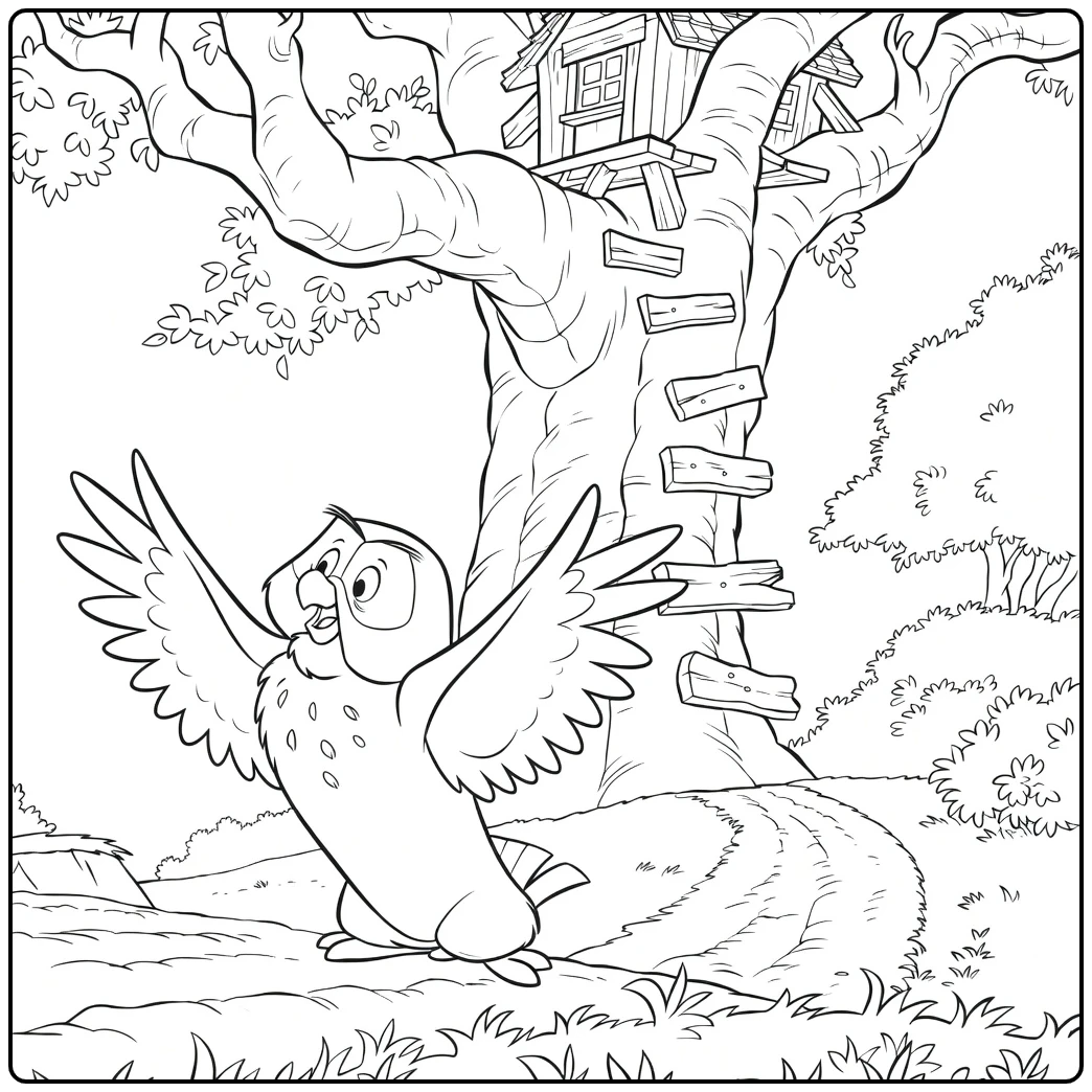 Owl Exploring Treehouse in the Forest coloring page