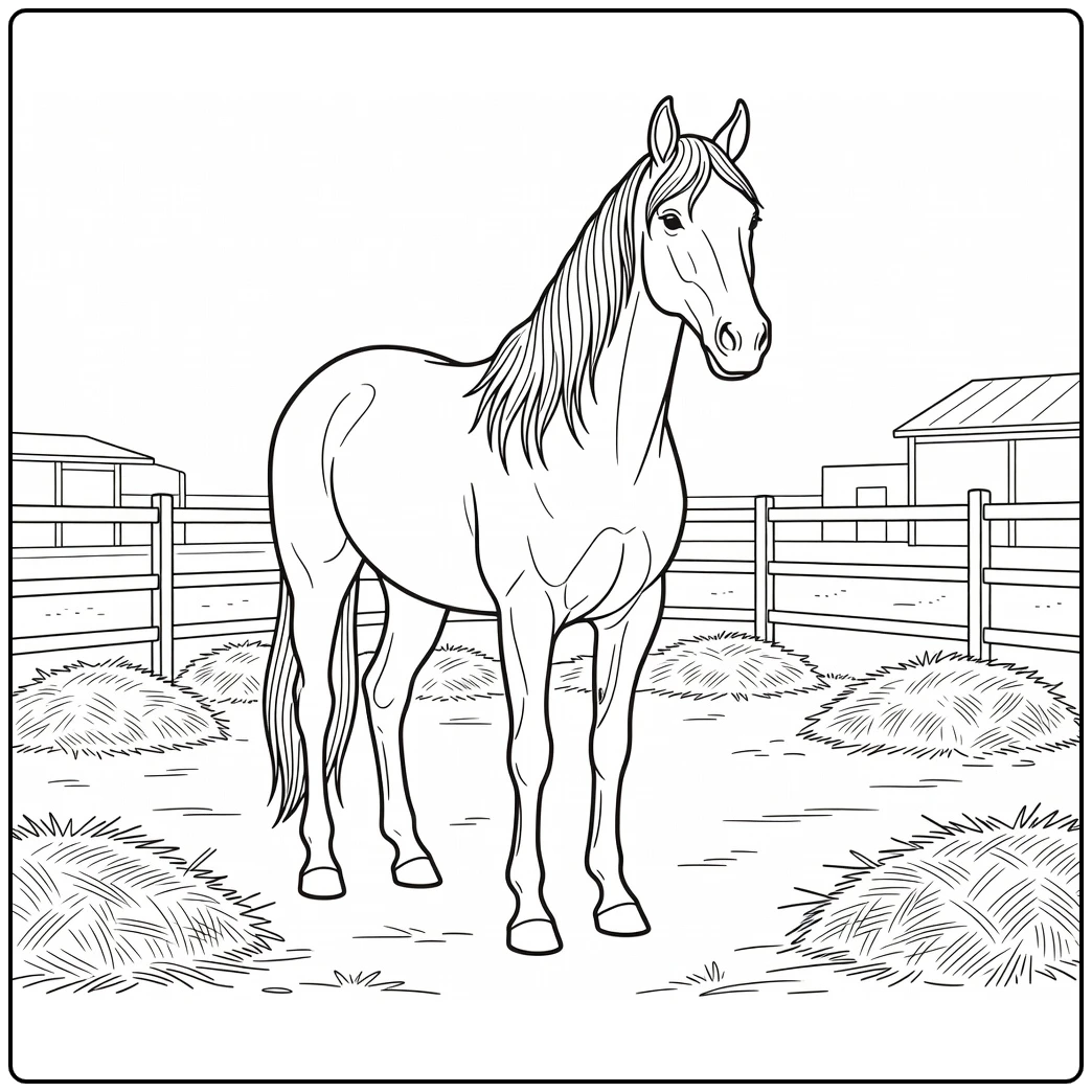 Horse coloring page showing a horse in a farm paddock