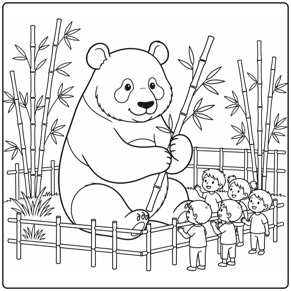 Zoo coloring page featuring a panda with bamboo