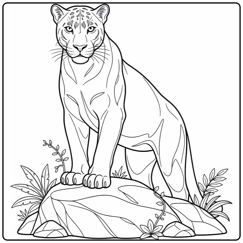 Panther coloring page featuring a big cat on a rock
