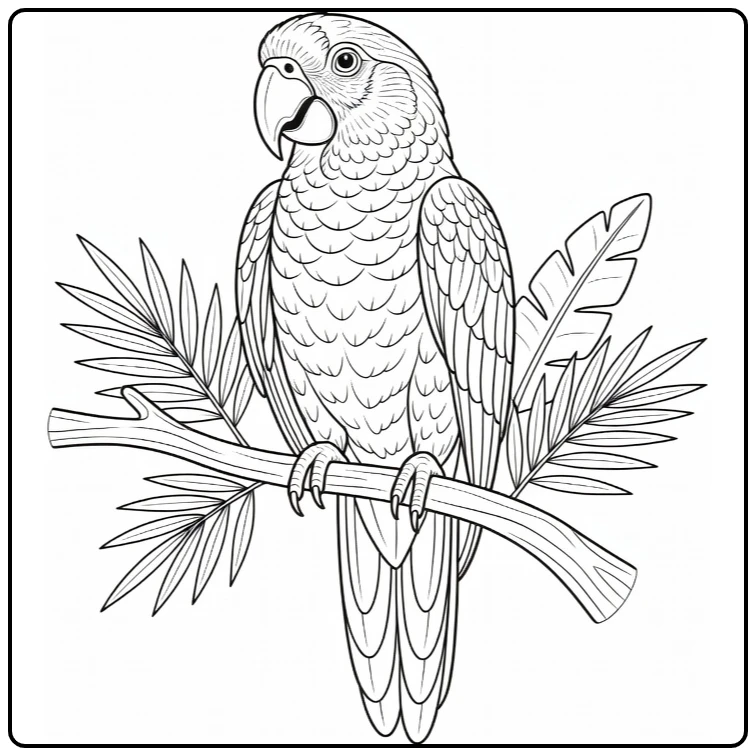 Parrot coloring page showing a jungle bird on a branch