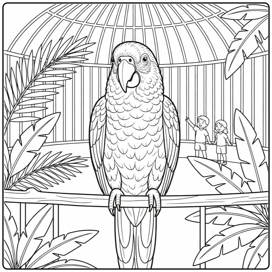 Zoo coloring page featuring a parrot in the aviary